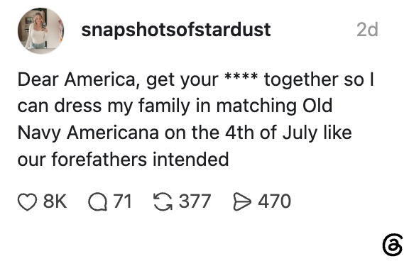 Social media post humorously urging America to get organized for a family to wear matching Old Navy outfits on July 4th