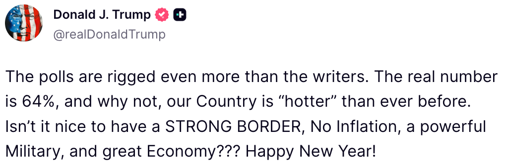 Donald Trump's tweet claims the polls are rigged, praises strong border, no inflation, powerful military, great economy, and wishes Happy New Year