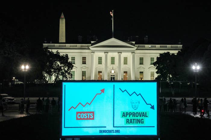 Billboard in front of the White House: Arrow rising for "Costs" and declining for "Approval Rating", illustrating contrasting trends