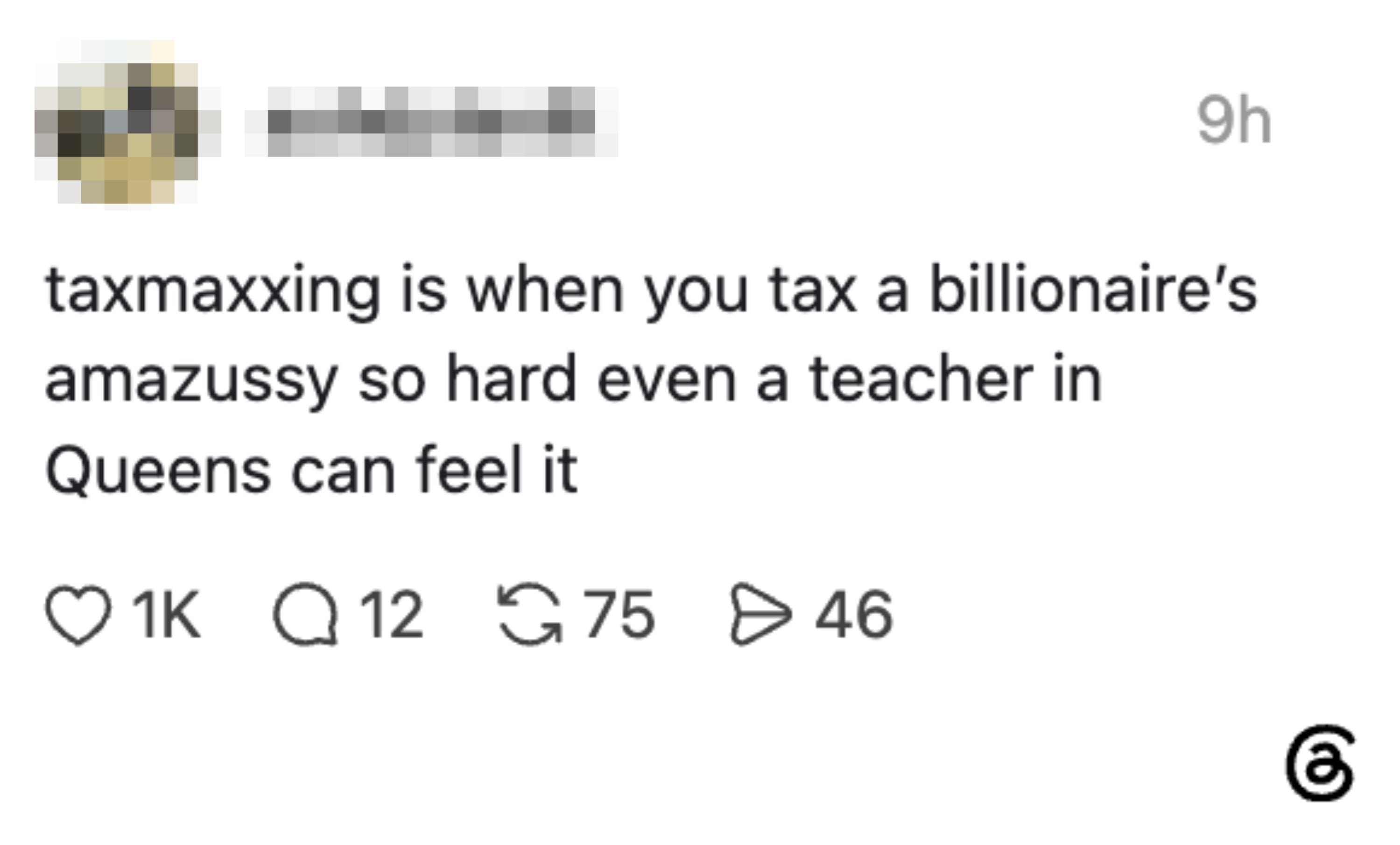 Social media post discusses the concept of "taxmaxxing" with a humorous tone about its impact on billionaires