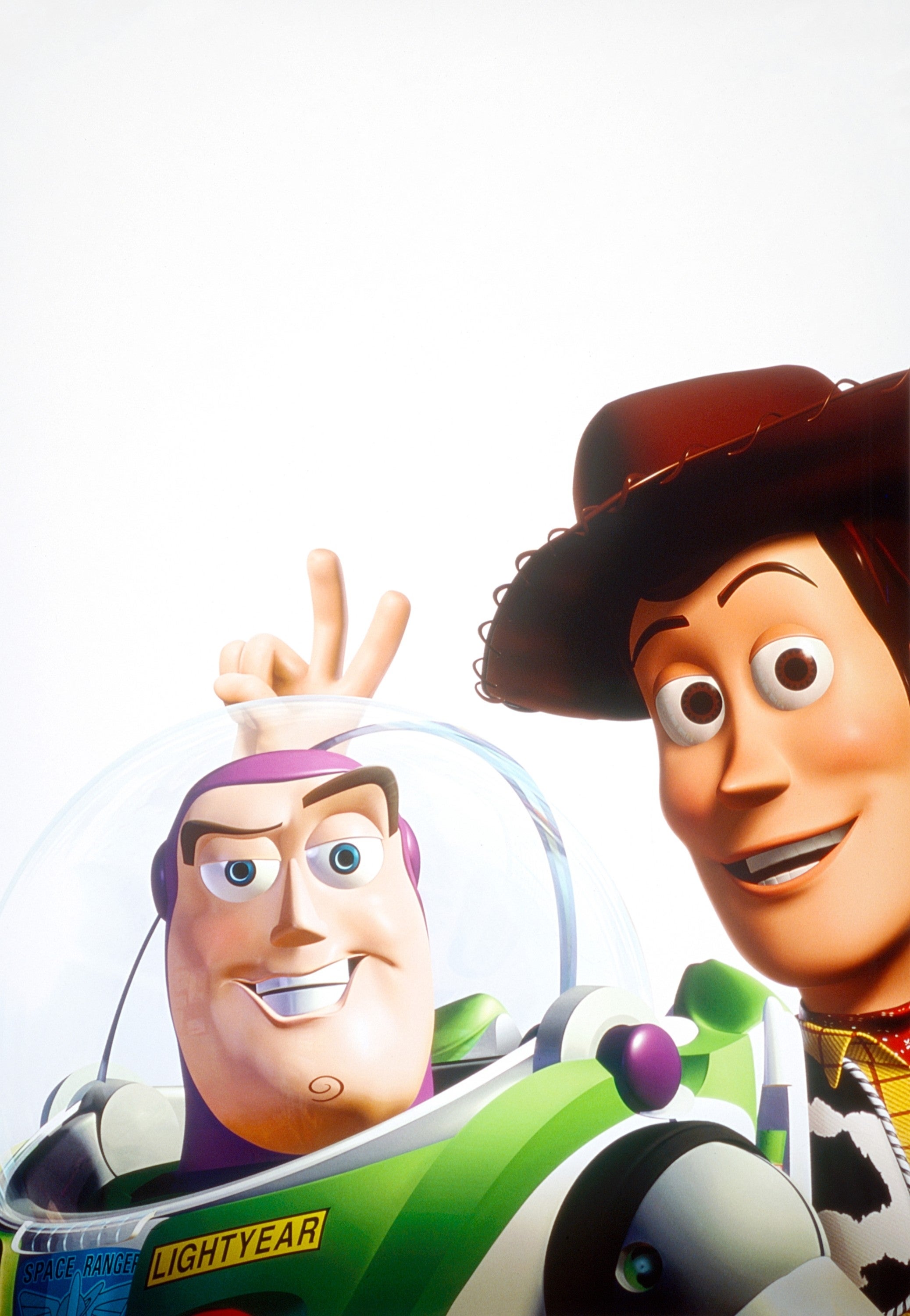 Buzz Lightyear and Woody, characters from Toy Story, pose together against a plain background. Buzz flashes a mischievous expression with two fingers up