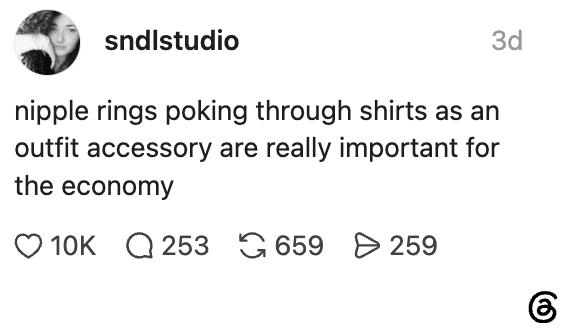 Social media post with a humorous take on nipple rings as a fashion and economic statement