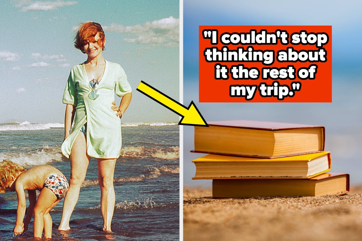 Woman on beach with child; stack of books with quote, "I couldn't stop thinking about it the rest of my trip."