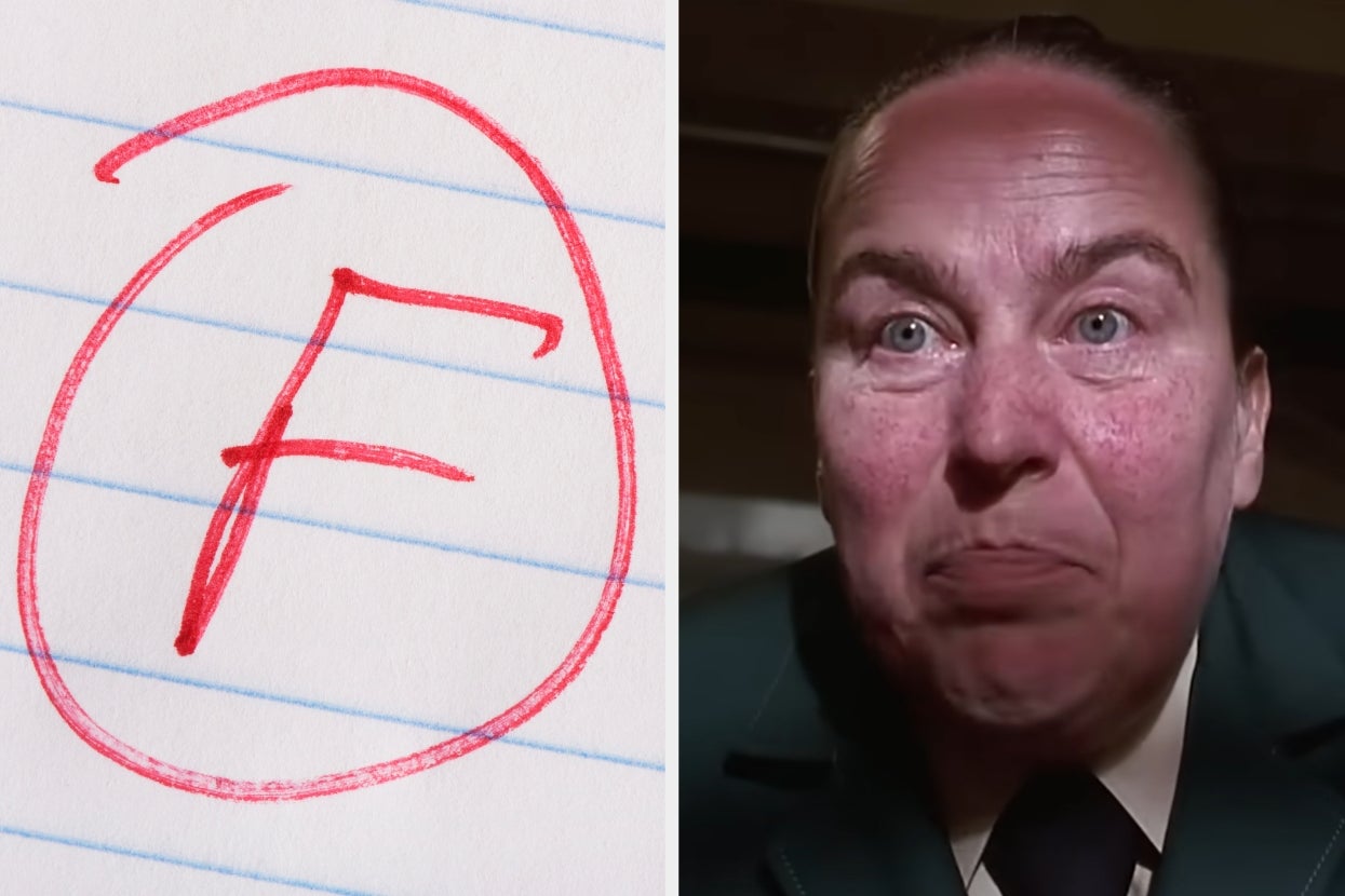 A red "F" grade on paper and a serious-looking Miss Trunchbull from "Matilda" reacting, conveying frustration or disbelief