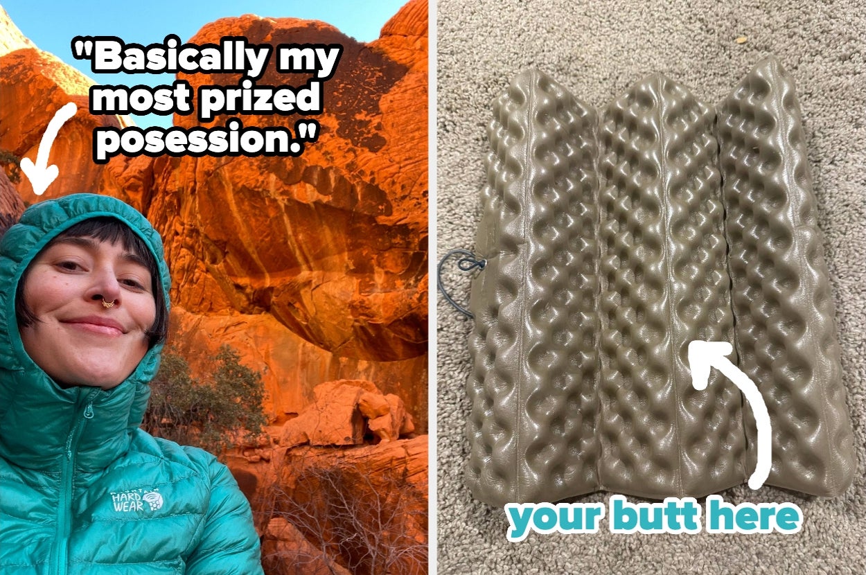 Person in outdoor gear smiling, with text: "Basically my most prized possession." Next to foam pad with text: "Your butt here."