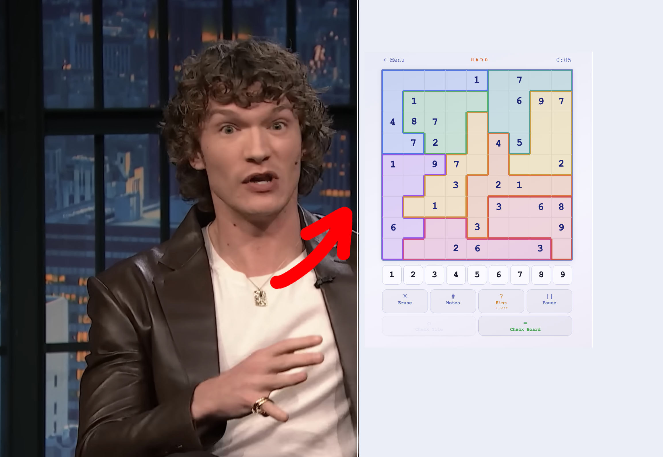 Person in jacket gestures next to a screen showing a number-puzzle game interface