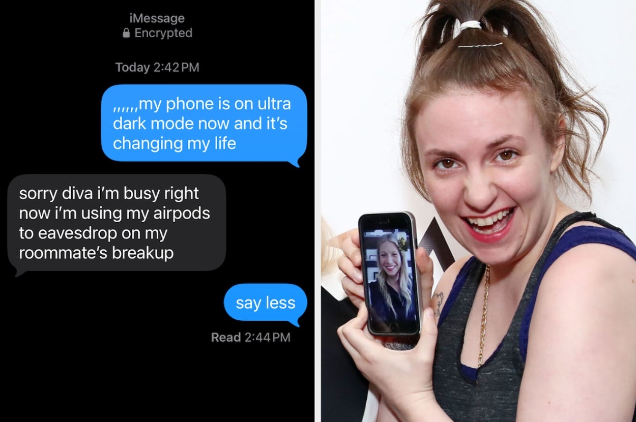 Split screen: Left shows funny text exchange about dark mode and eavesdropping with AirPods. Right shows a person smiling, holding a phone with a photo