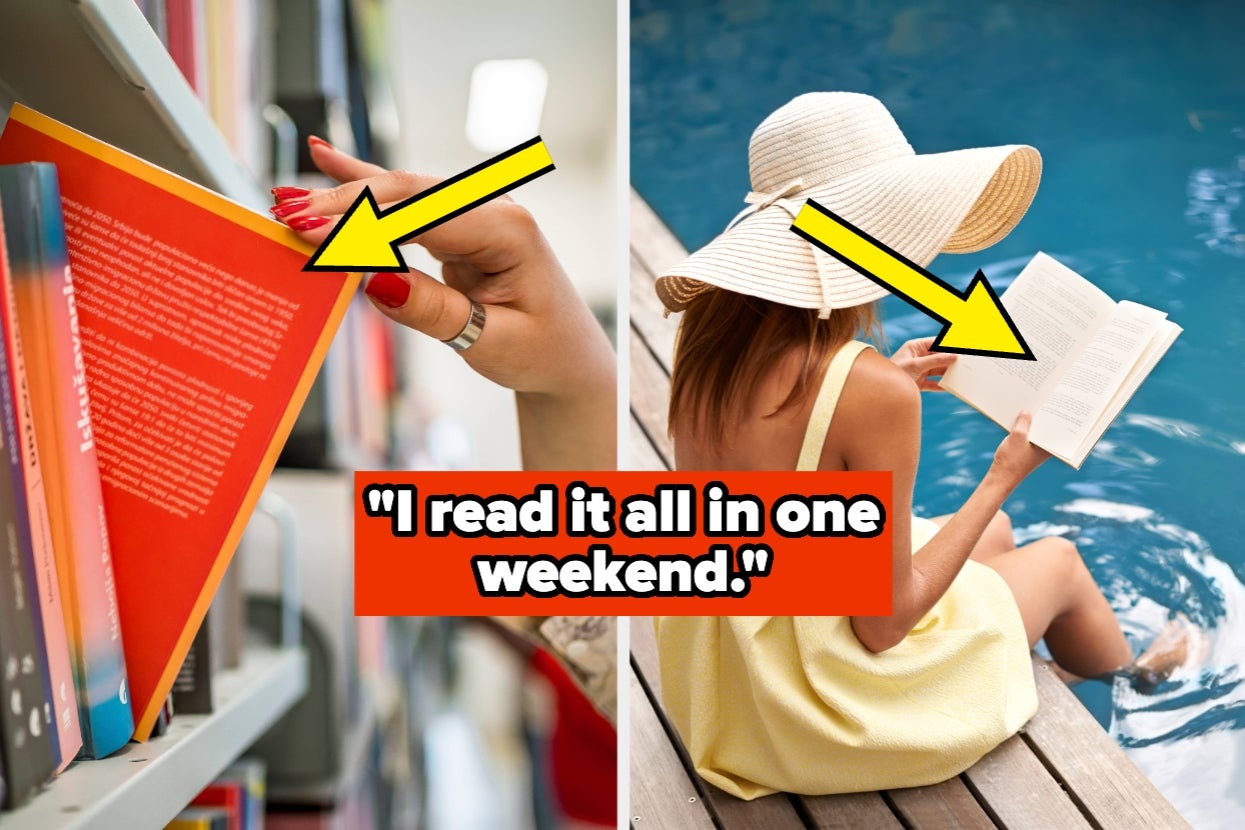 A person selects a book from a library shelf. Another person reads by a pool, the quote: "I read it all in one weekend." is shown