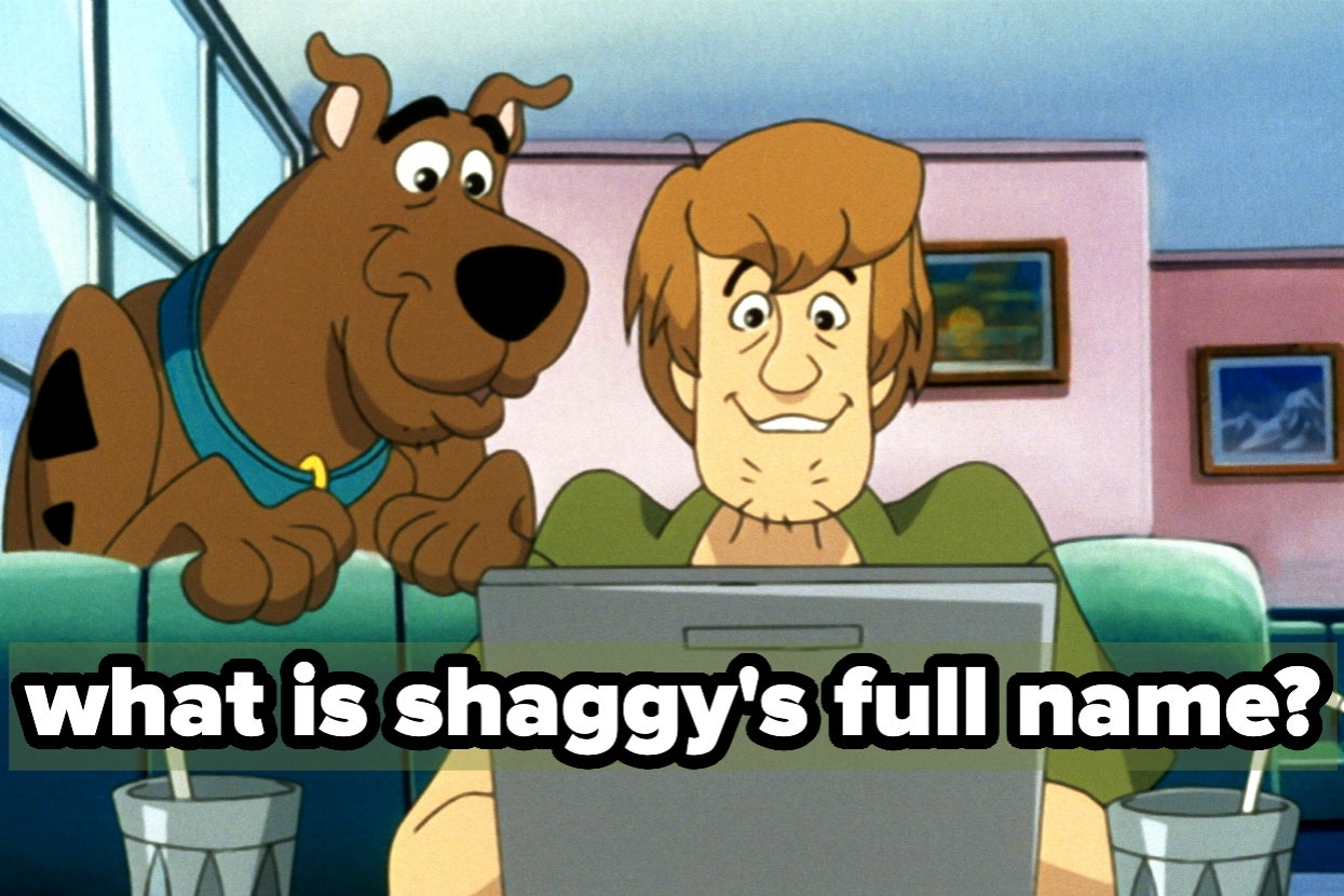 Shaggy and Scooby-Doo are sitting indoors, looking at a computer. Text asks, "What is Shaggy's full name?"