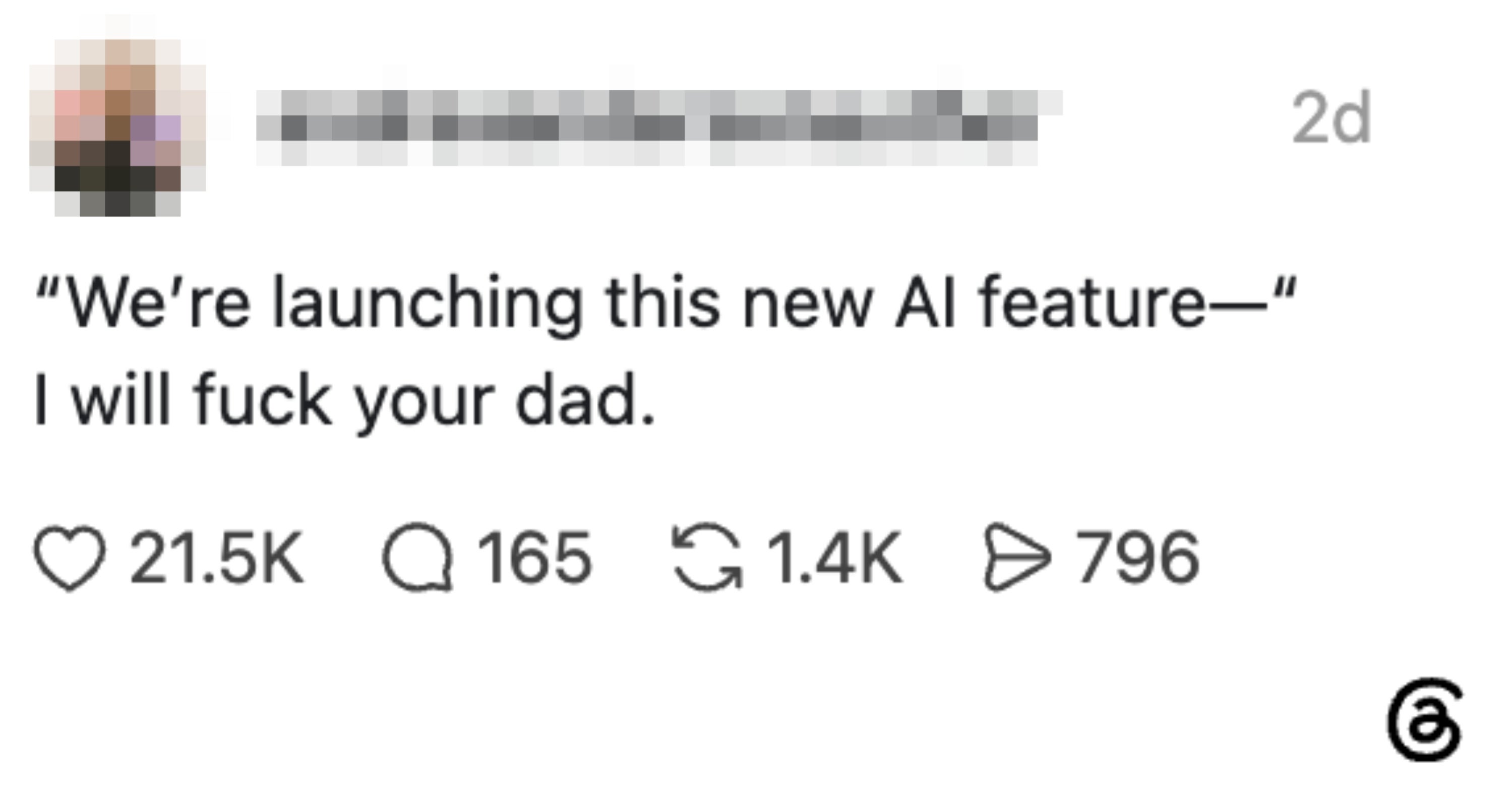 Social media post includes a humorous quote about an AI feature and a surprising follow-up statement