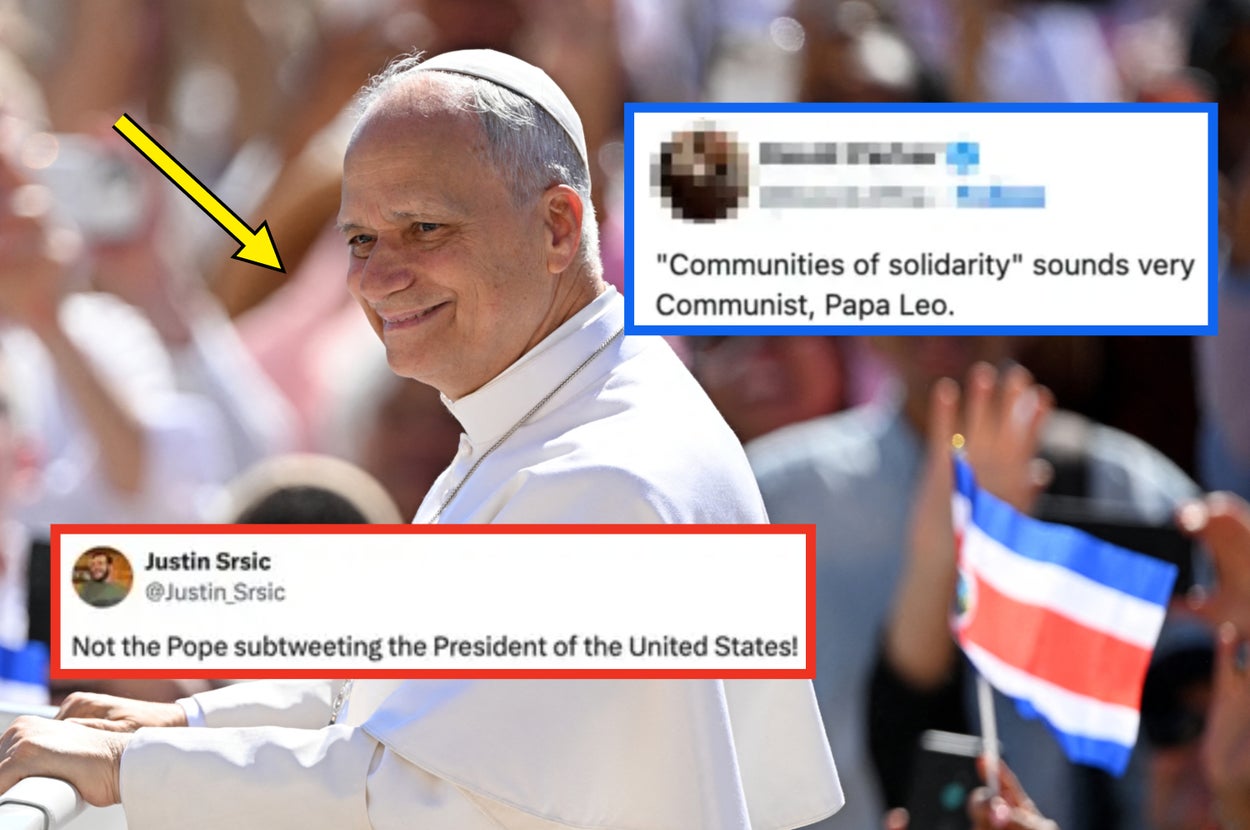 Person smiling beside a tweet from "Pope Crave" that reads, "WOKE [REDACTED] POPE!!!"