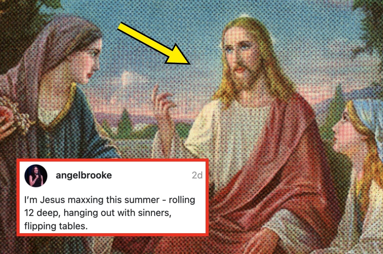 Stylized image of Jesus with text saying he's "maxxing this summer" by socializing and flipping tables, humorous tone