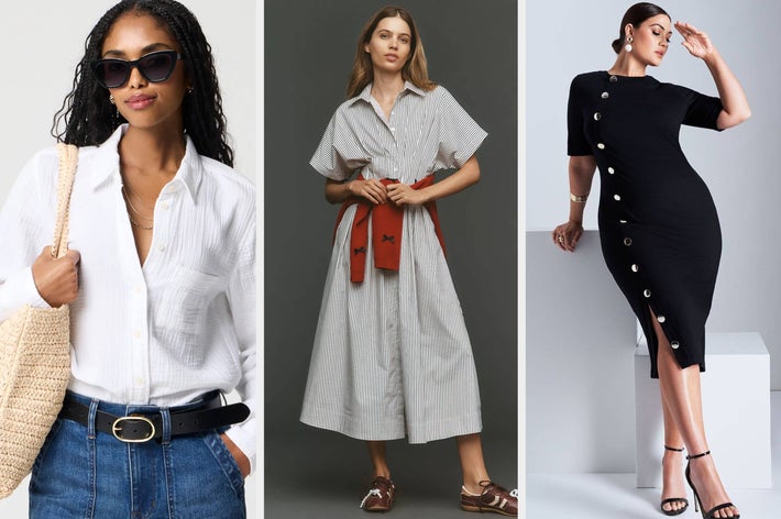 Three models showcase fashion: Left in white blouse and jeans, middle in striped dress with scarf belt, right in black buttoned dress with heels