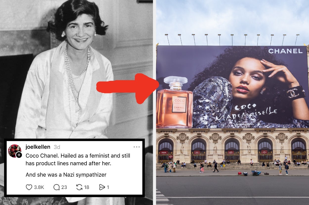 Split image: Left shows Coco Chanel seated, right displays a Chanel billboard with a model beside a large perfume bottle