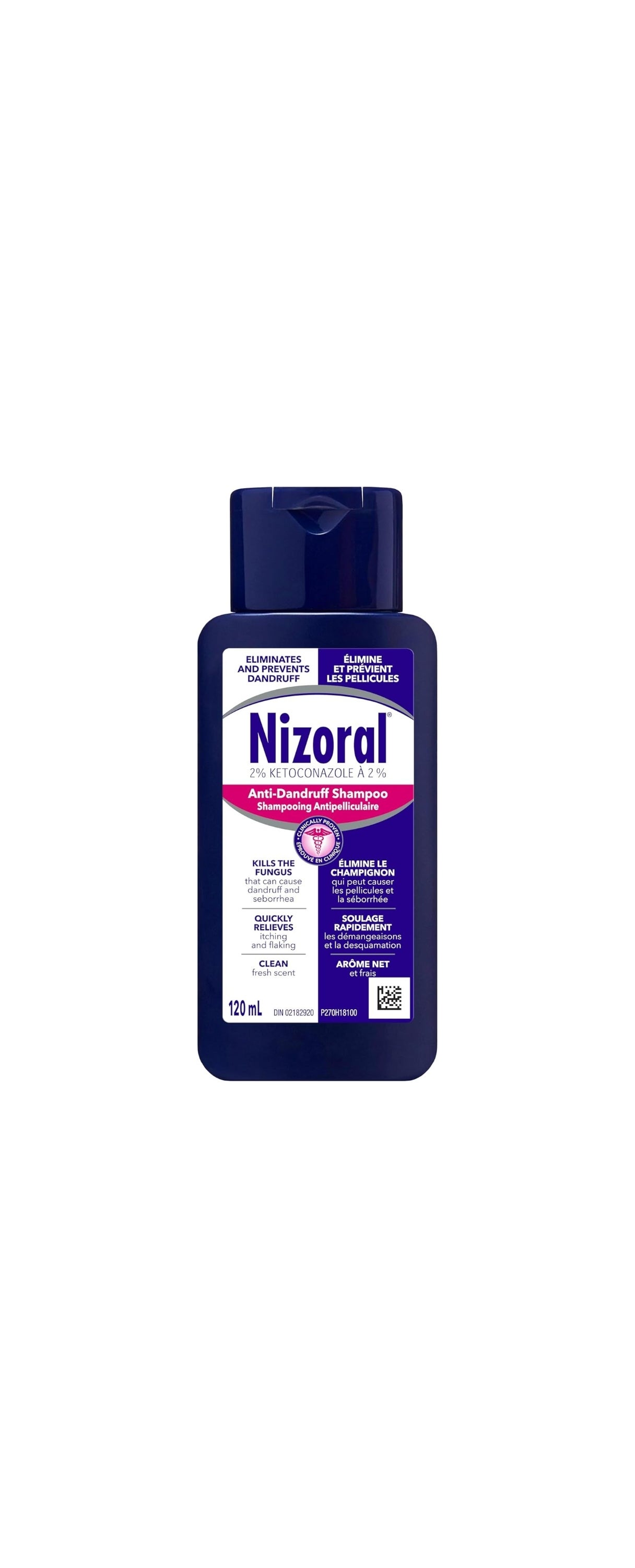 Nizoral Anti-Dandruff Shampoo bottle, 120 ml, features 2% ketoconazole for relieving itching and flaking, with a fresh scent