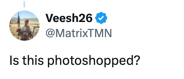 Tweet by Veesh26 questioning if an image is photoshopped, with a verified badge next to the name