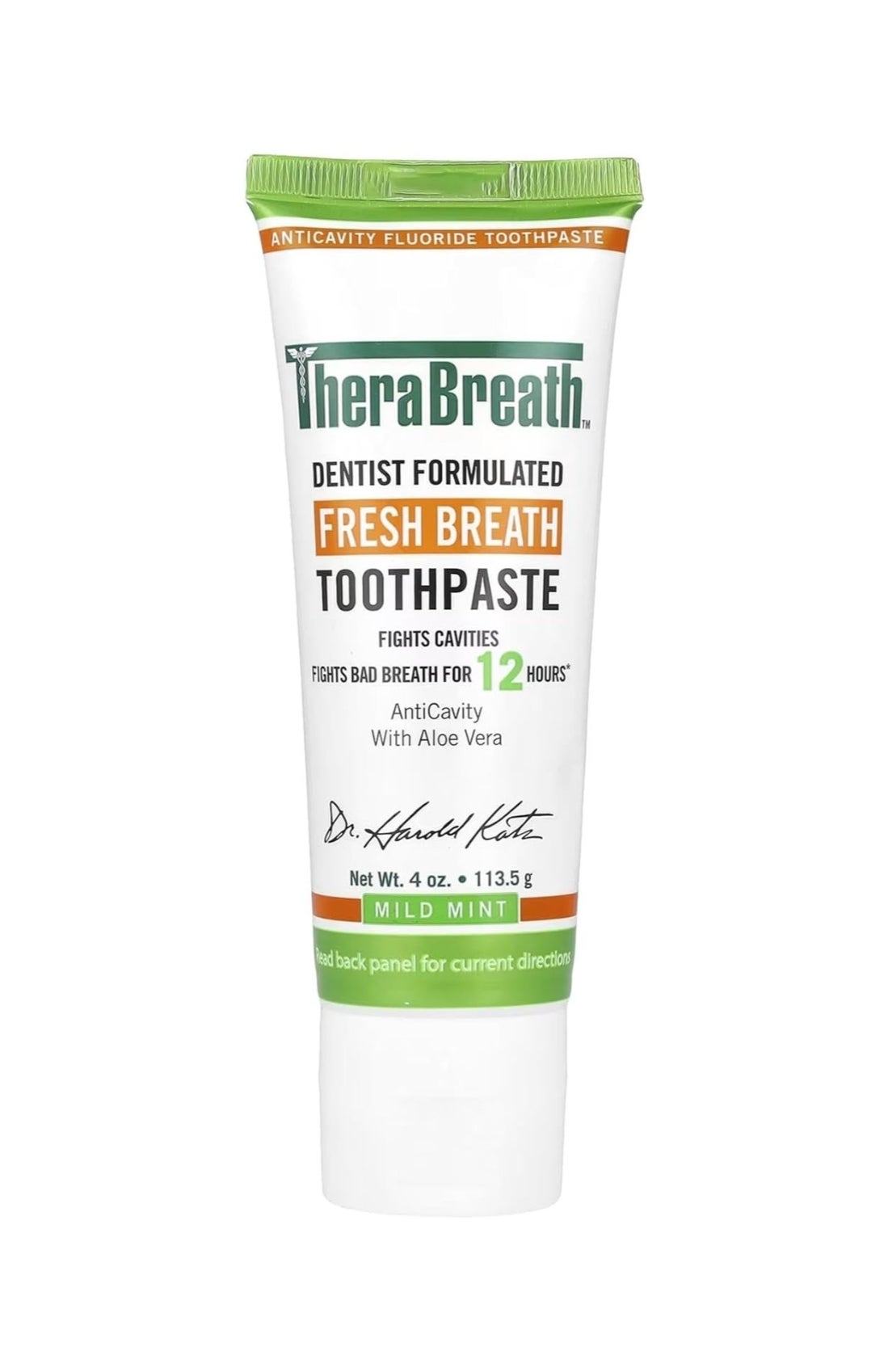 TheraBreath Fresh Breath Toothpaste tube, anti-cavity with aloe vera, promising 12-hour bad breath protection, mild mint flavor, 4 oz tube