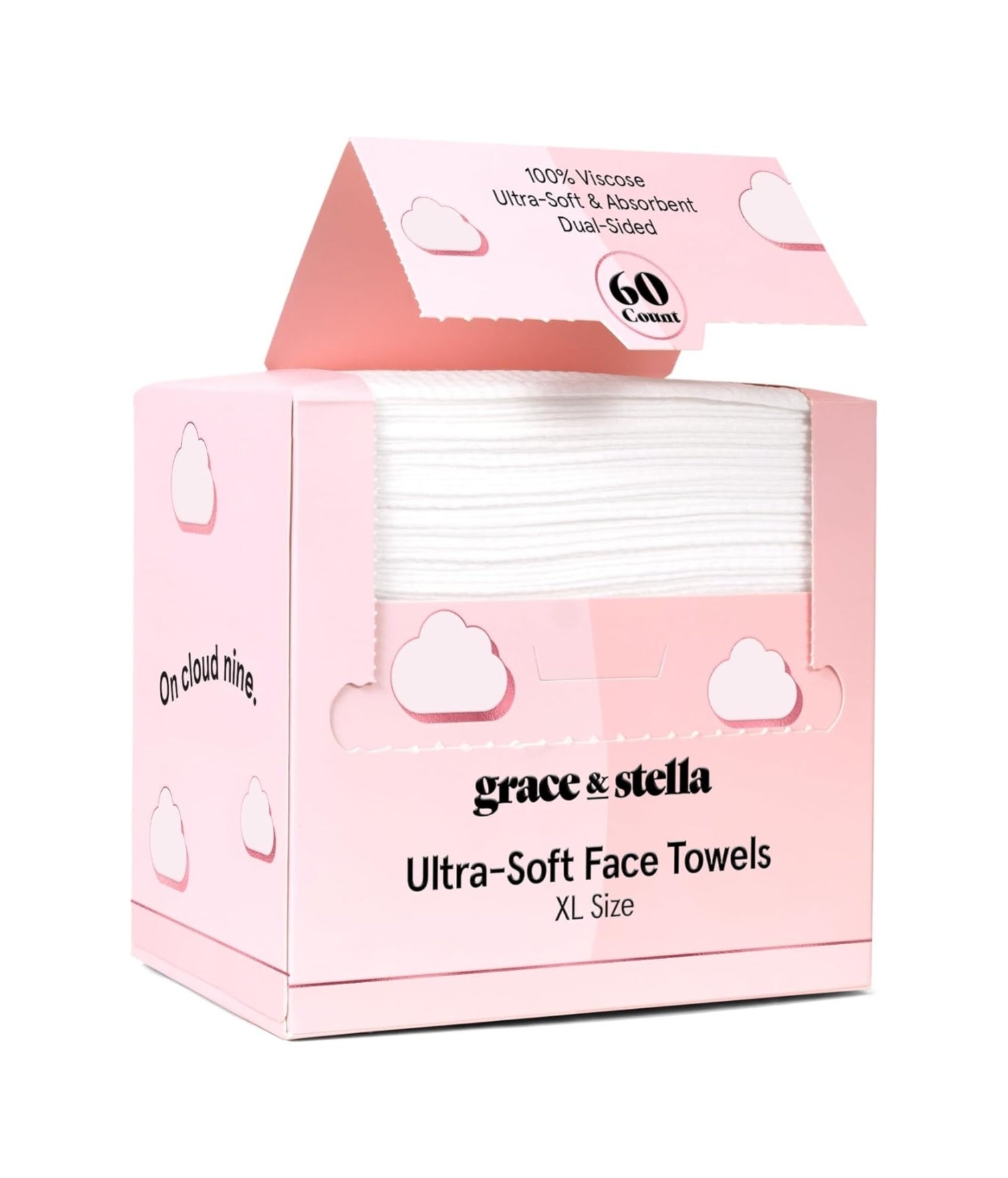Box of Grace &amp;amp; Stella ultra-soft face towels, 60 count, XL size, packaged in a pink-themed box with cloud designs