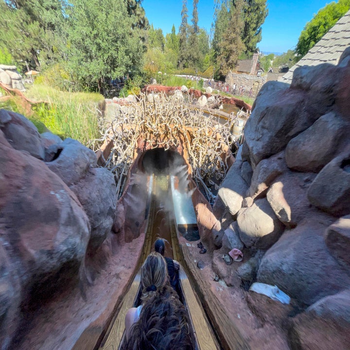 People riding a log flume on a water ride, heading into a tunnel surrounded by rocks and trees