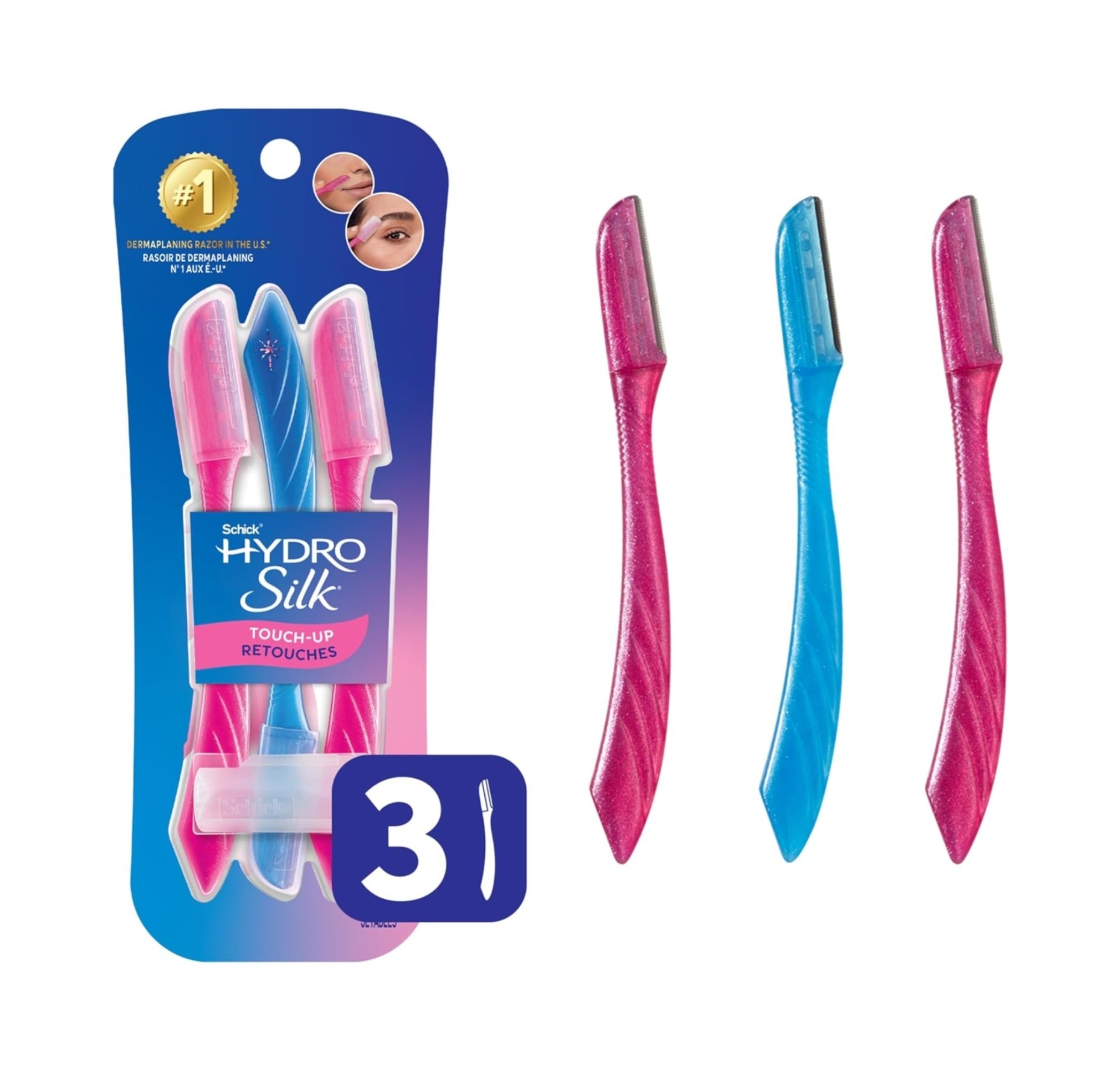 Three Schick Hydro Silk Touch-Up face razors with one safety cap, shown in retail packaging. Ideal for dermaplaning and eyebrow shaping