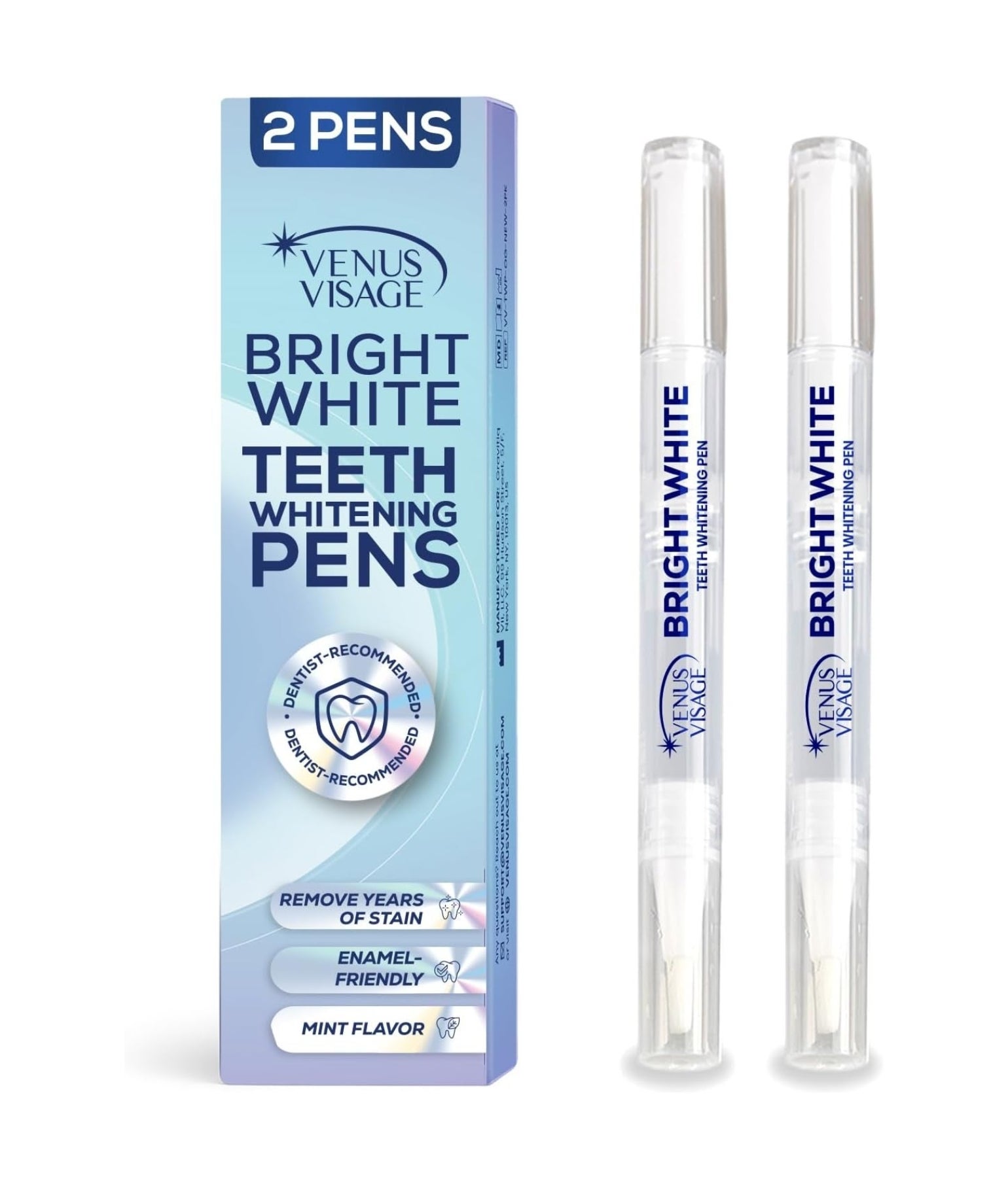 Venus Visage Bright White Teeth Whitening Pens, dentist-recommended, enamel-friendly, mint flavor; packaging shows two pens and product benefits