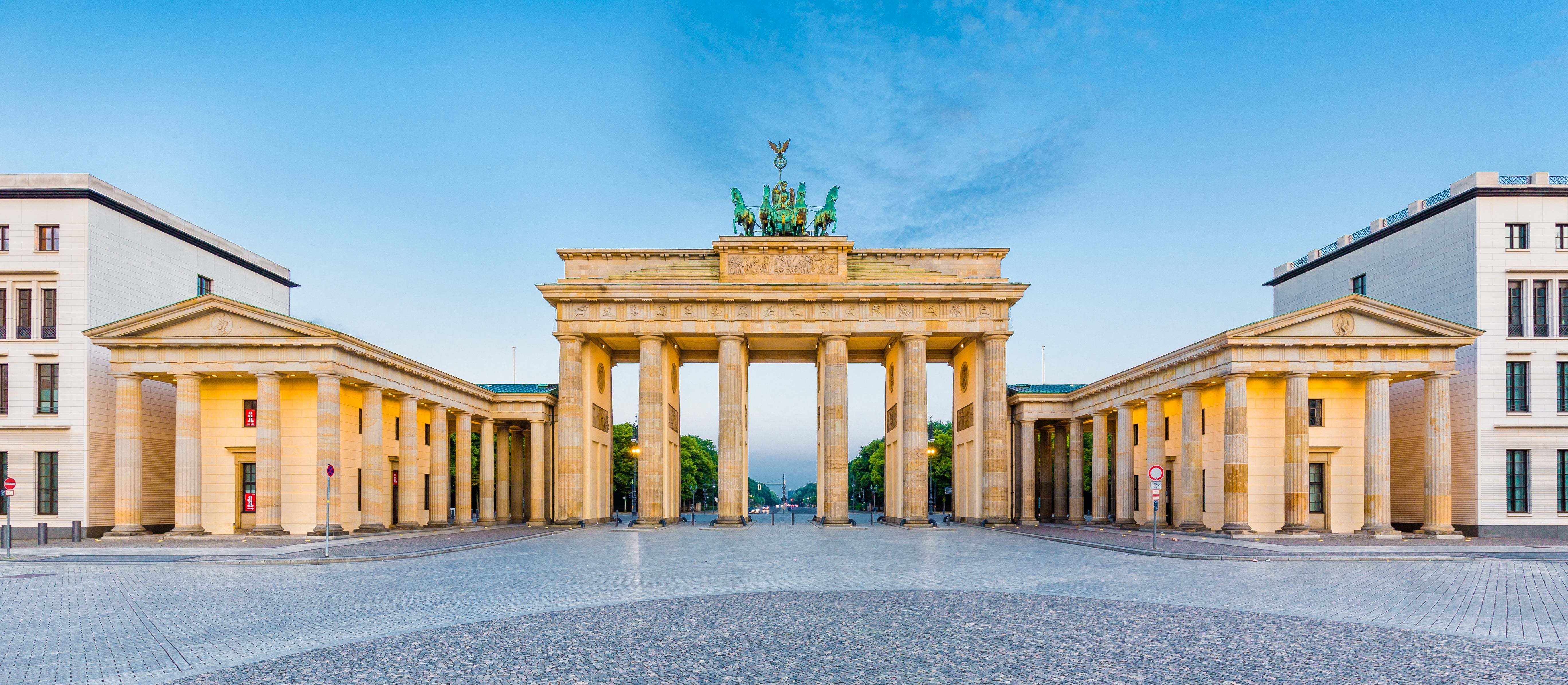 Brandenburg Gate successful Berlin, Germany, viewed from the front, with its iconic columns and quadriga astatine the top