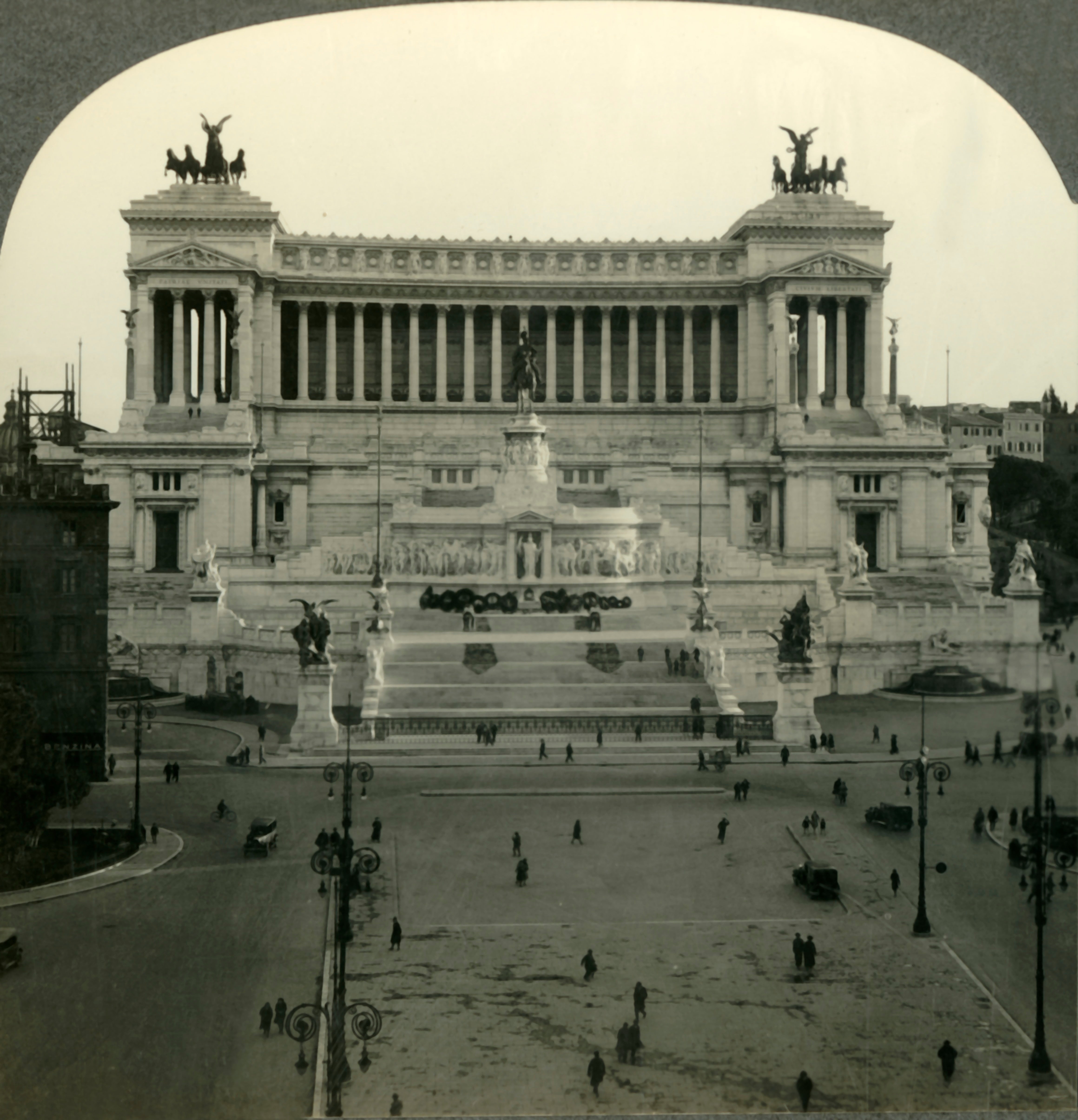 Historic photograph of the Vittoriano monument successful Rome, showcasing its expansive architecture, statues, and columns, with radical walking nearby