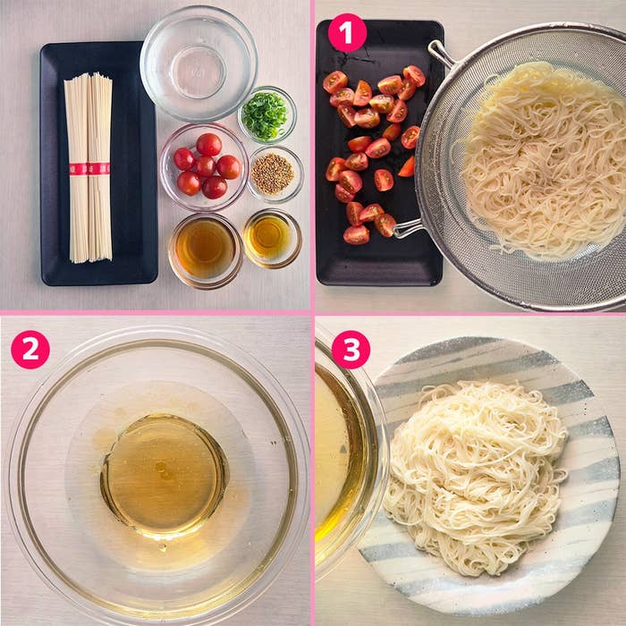 調理手順を示す4コマの画像。1：ゆでたそうめんと材料。2：ボウルで混ぜ合わせたつゆ。3：器に盛ったそうめんにつゆをかける様子。