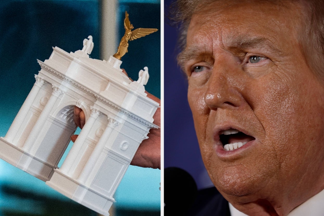 Individual holding a miniature arch model next to a public figure speaking into a microphone, captured in related news coverage