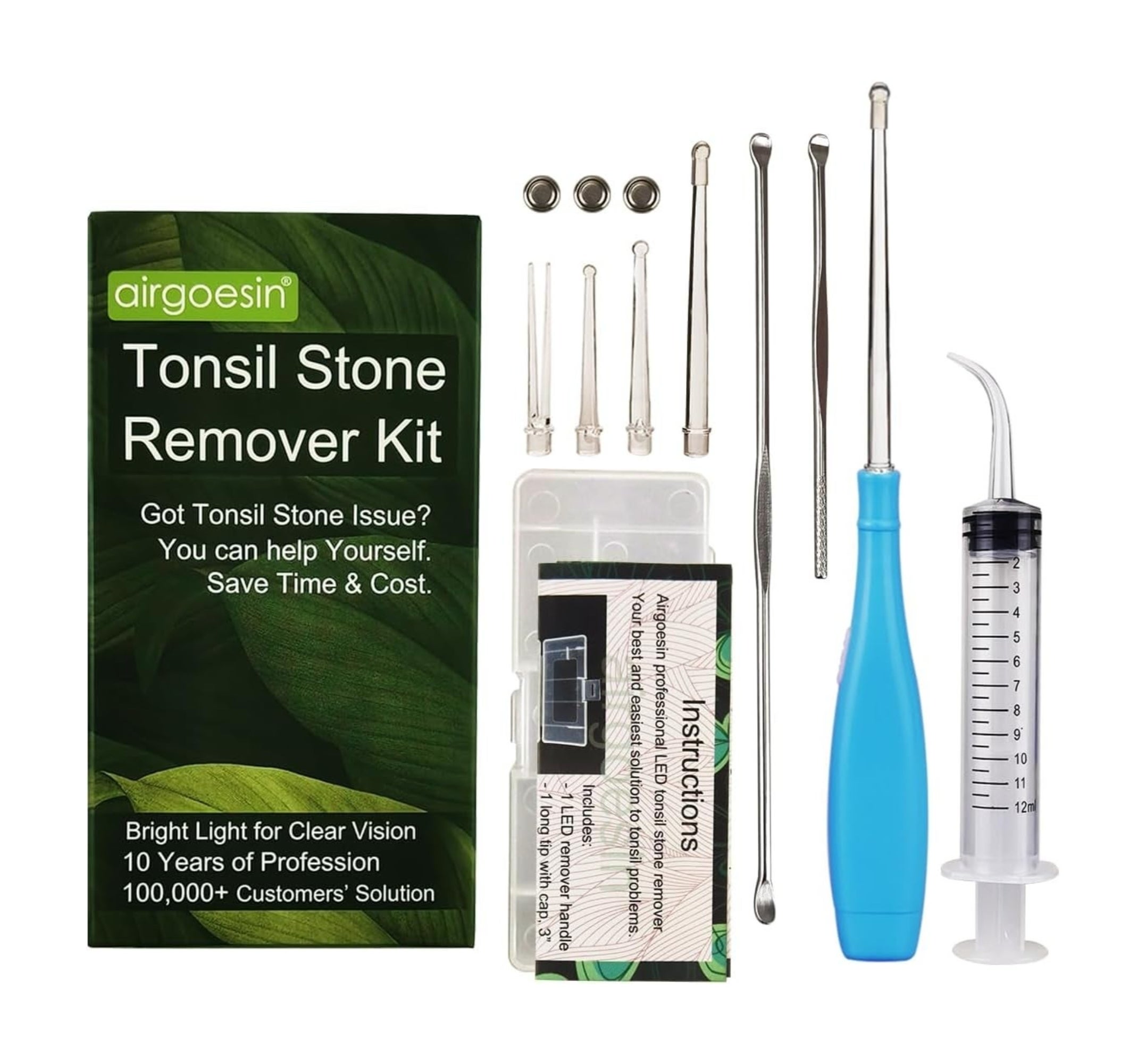 Tonsil stone remover kit with tools, LED tool, syringe, and labeled packaging; includes instructions for use