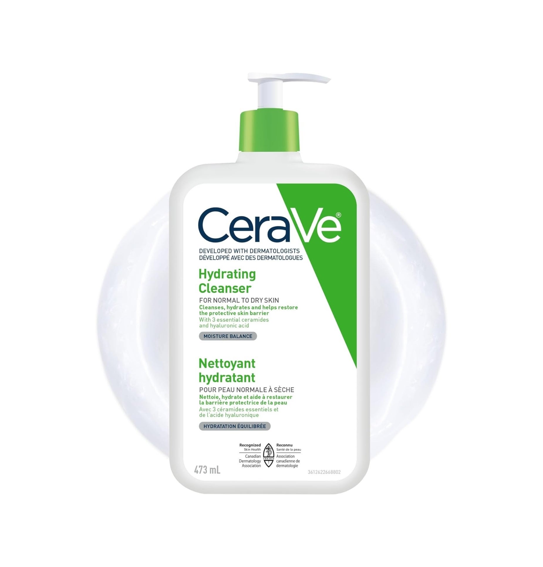CeraVe Hydrating Cleanser bottle with pump, labeled for normal to dry skin, highlights moisture balance. Text appears in English and French