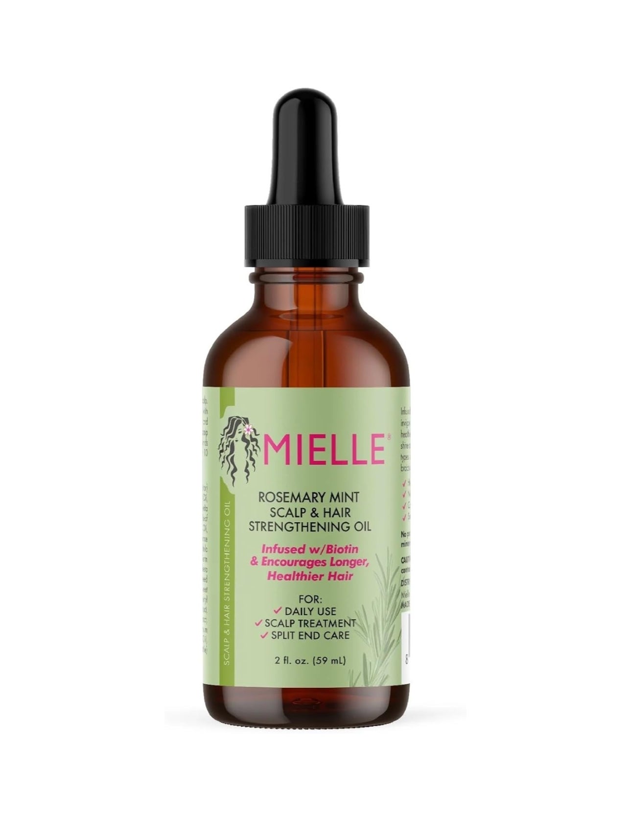 Bottle of Mielle Rosemary Mint Scalp &amp;amp; Hair Strengthening Oil, promoting longer, healthier hair with biotin. Suitable for daily use and scalp treatment