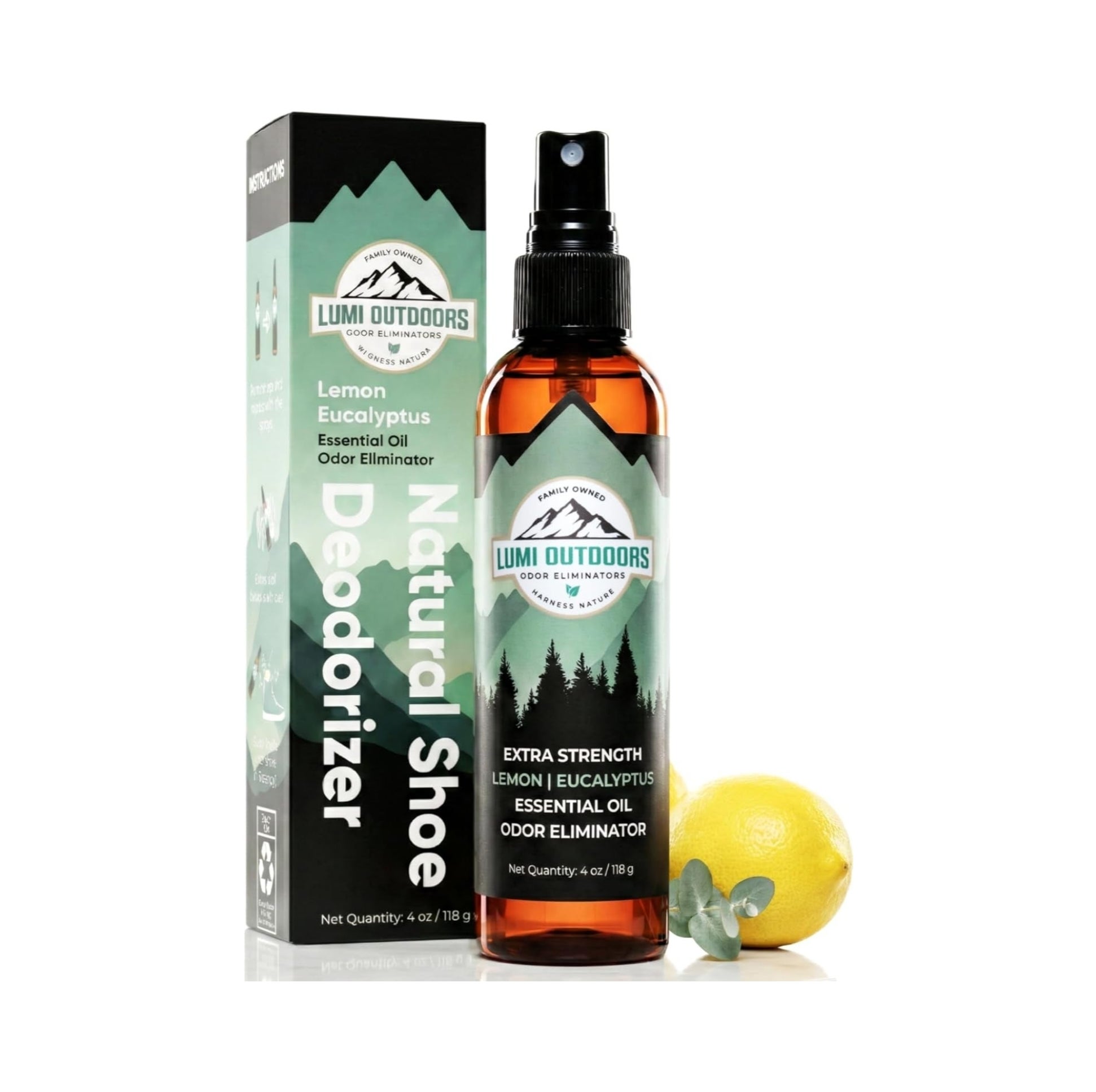 Lumi Outdoors Natural Shoe Deodorizer spray bottle with lemon and eucalyptus scent next to its box and fresh lemons