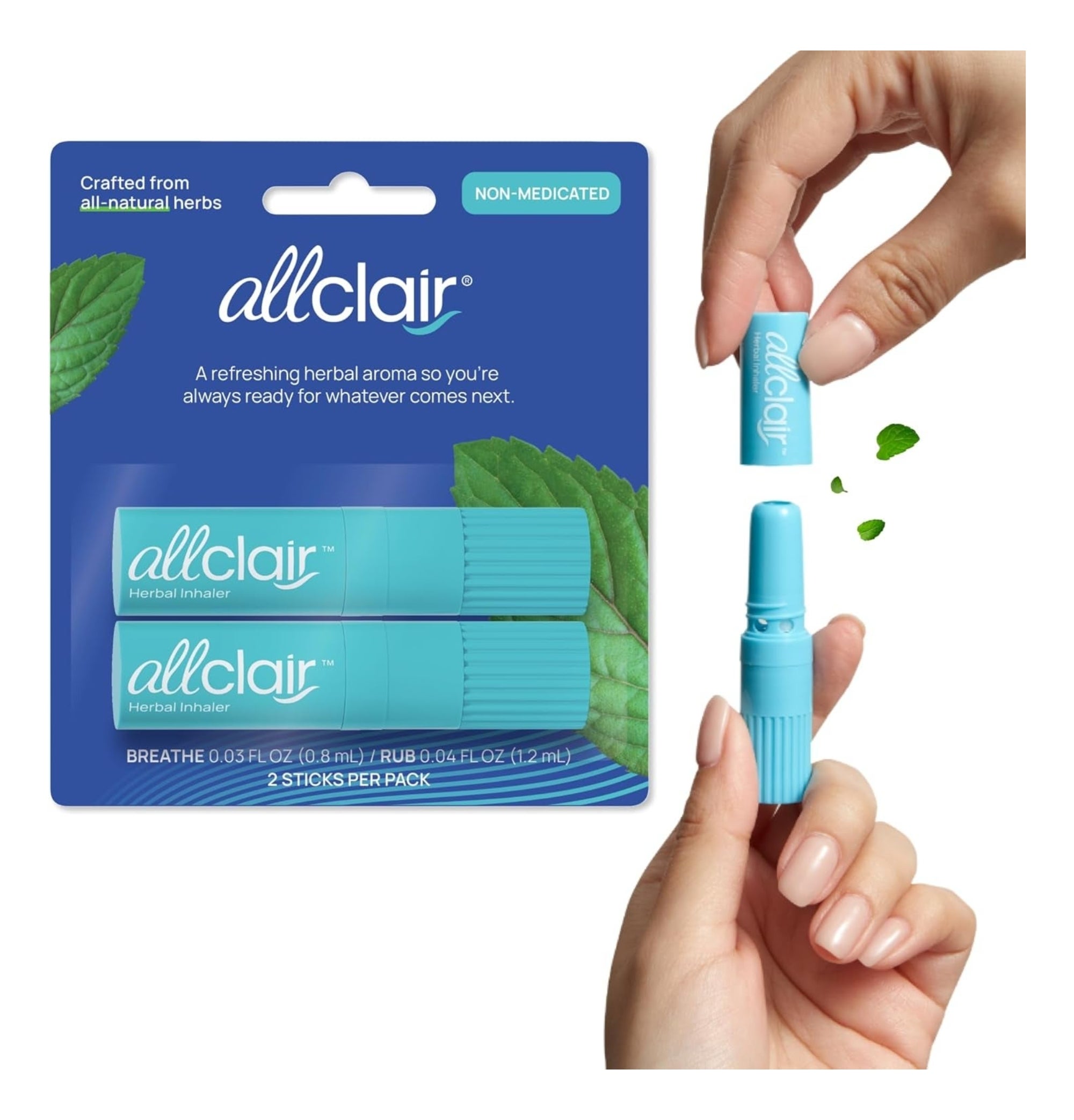 Two herbal inhalers being held next to a package stating "allclair" with mint leaf graphics, emphasizing non-medicated natural aroma for wellness