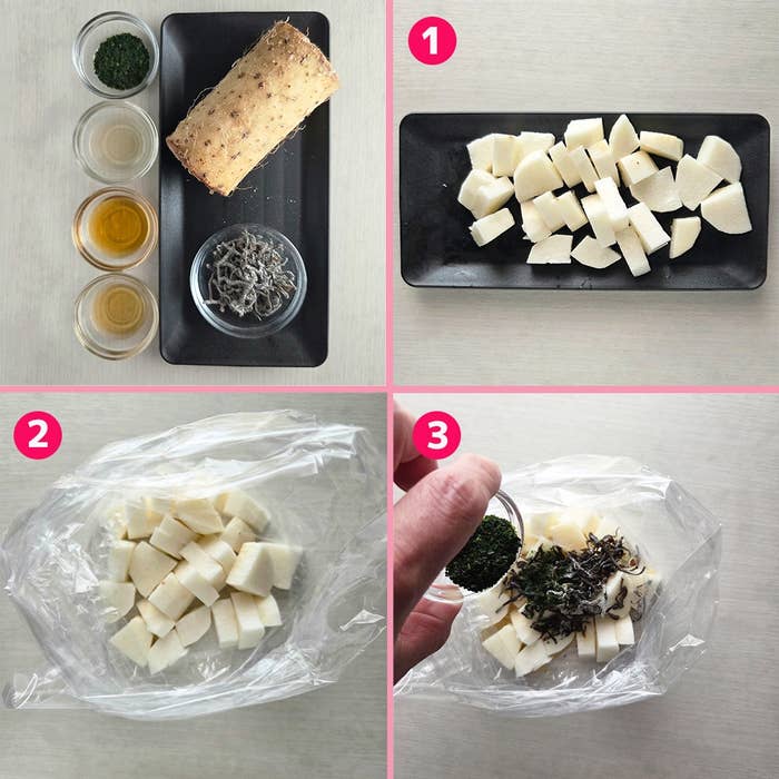 長芋の塩昆布青のり和えの調理手順。1枚目は材料、2枚目は長芋を切る準備、3枚目はポリ袋に調味料と塩昆布、青のりを加える様子。