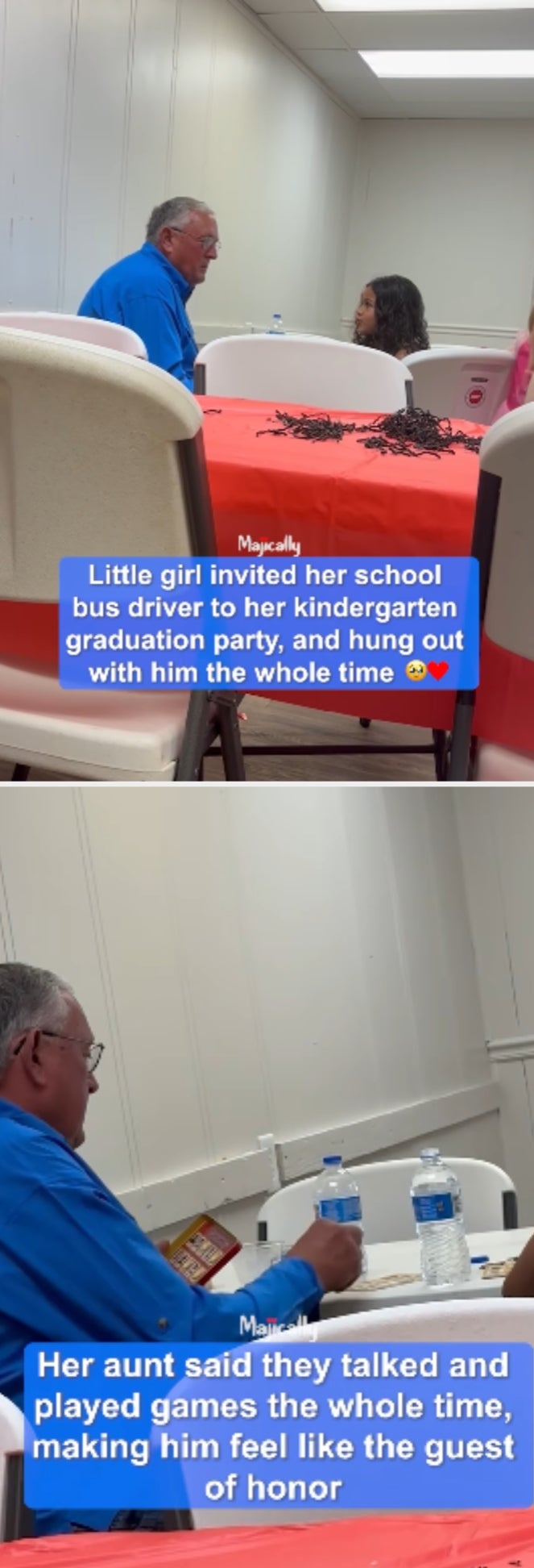 Two images of a school bus driver at a kindergarten party, enjoying games with a little girl who invited him as a special guest