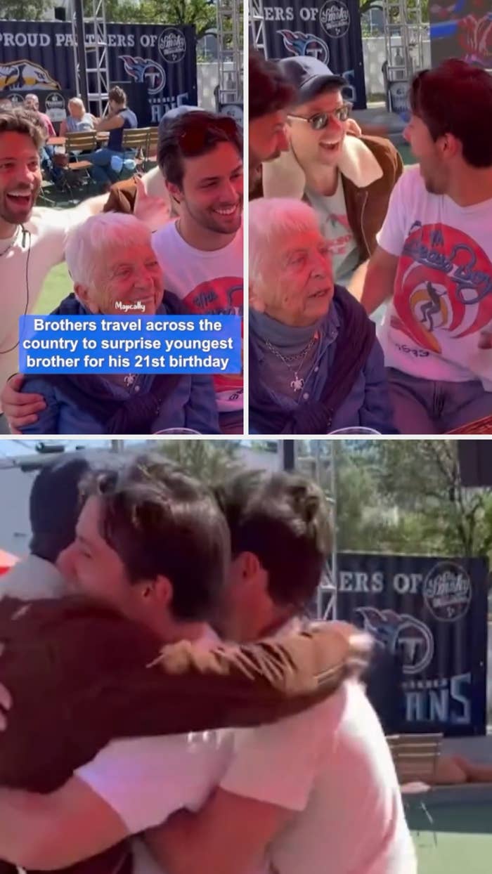 Brothers reunite with grandmother to surprise youngest brother for his 21st birthday; heartfelt hugs and joy captured