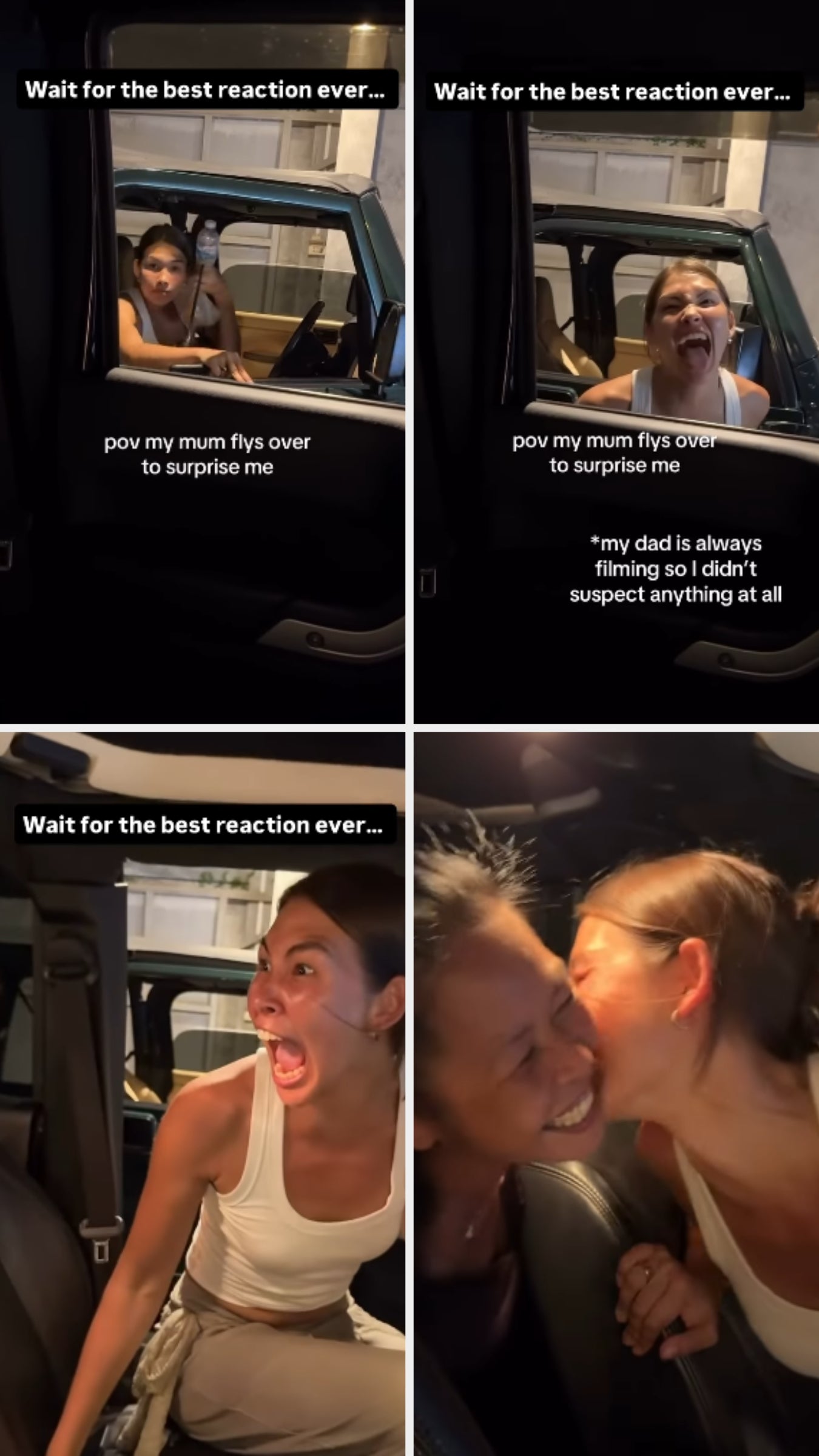 Person surprised in car by someone arriving, resulting in laughter and joy. Text above reads: "Wait for the best reaction ever... pov my mum flys over to surprise me."