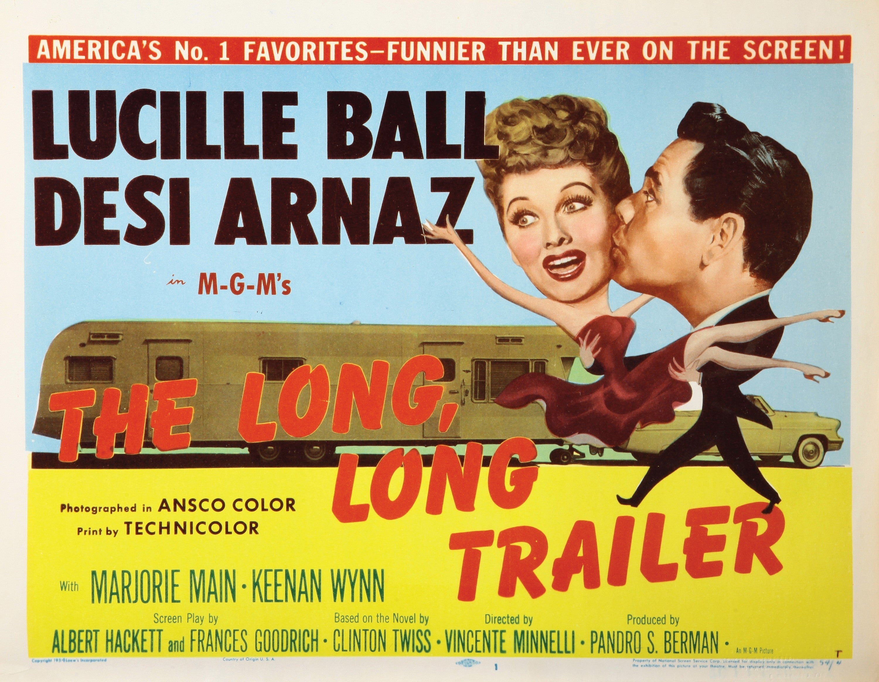 Retro movie poster for "The Long, Long Trailer" featuring caricatures of Lucille Ball and Desi Arnaz with a trailer in the background