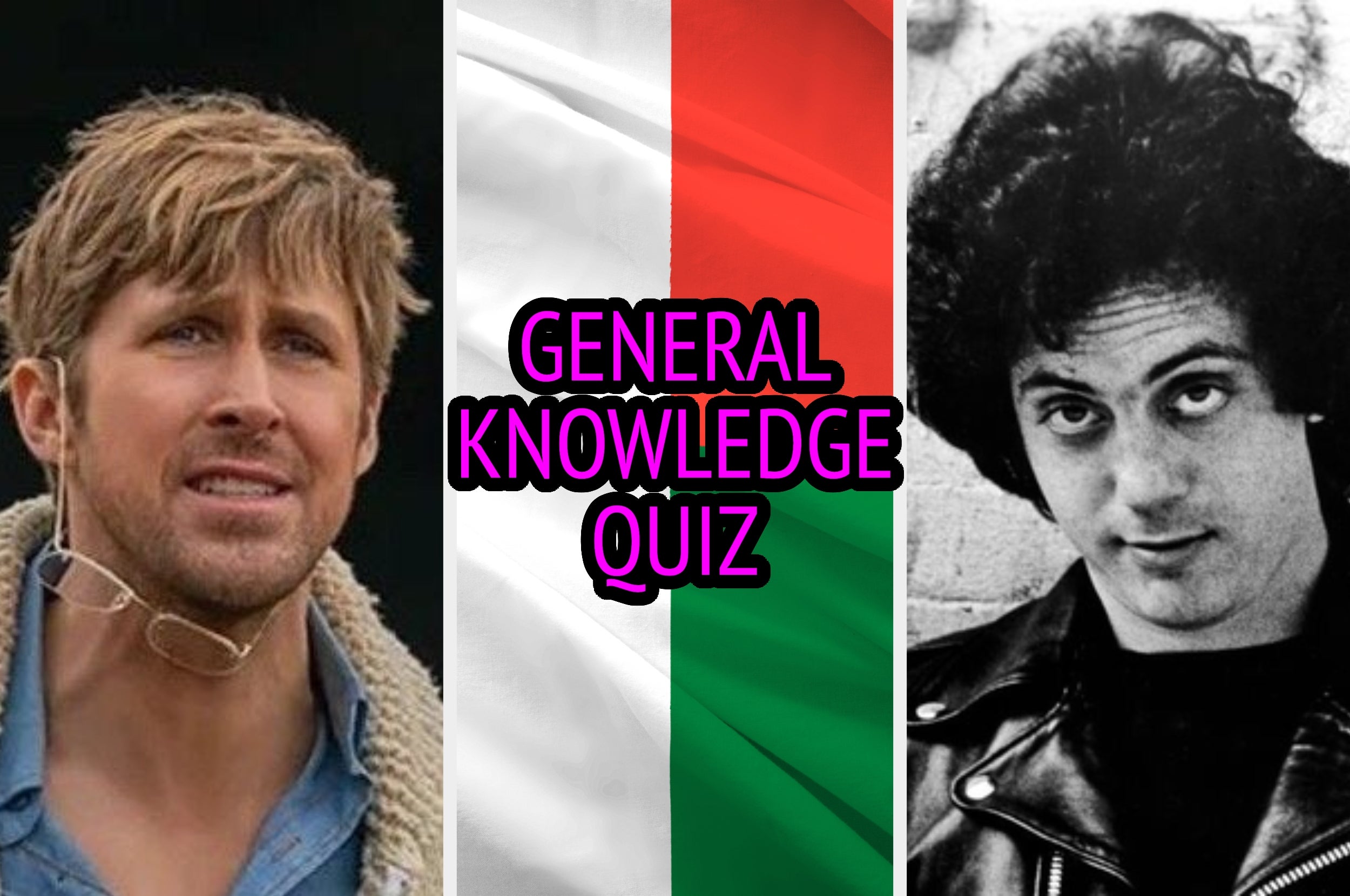 Split image: Actor with a casual jacket, a flag, and a musician in a leather jacket. Center text: "General Knowledge Quiz."