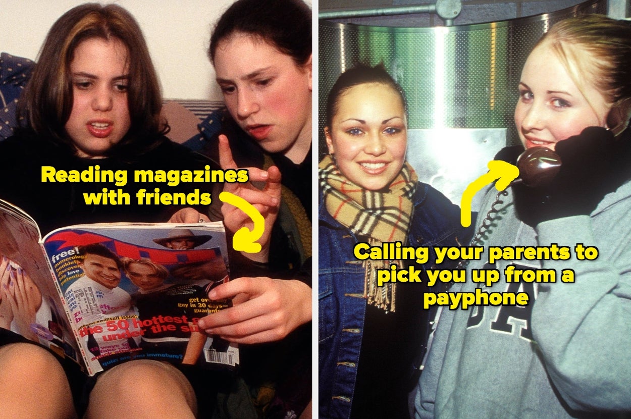 Teens in the '90s: reading magazines with friends and using a payphone to call parents for a ride