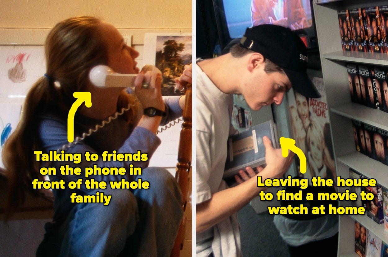 Two retro photos: left shows a person on a landline phone, right shows a person browsing VHS tapes. Both have humorous annotations about past experiences