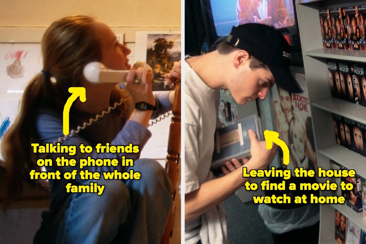 Two retro photos: left shows a person on a landline phone, right shows a person browsing VHS tapes. Both have humorous annotations about past experiences