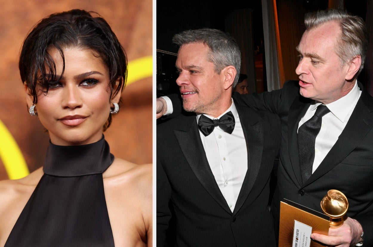 Left: Person in a halter dress on the red carpet. Right: Two persons in tuxedos, one holding an award, at an event