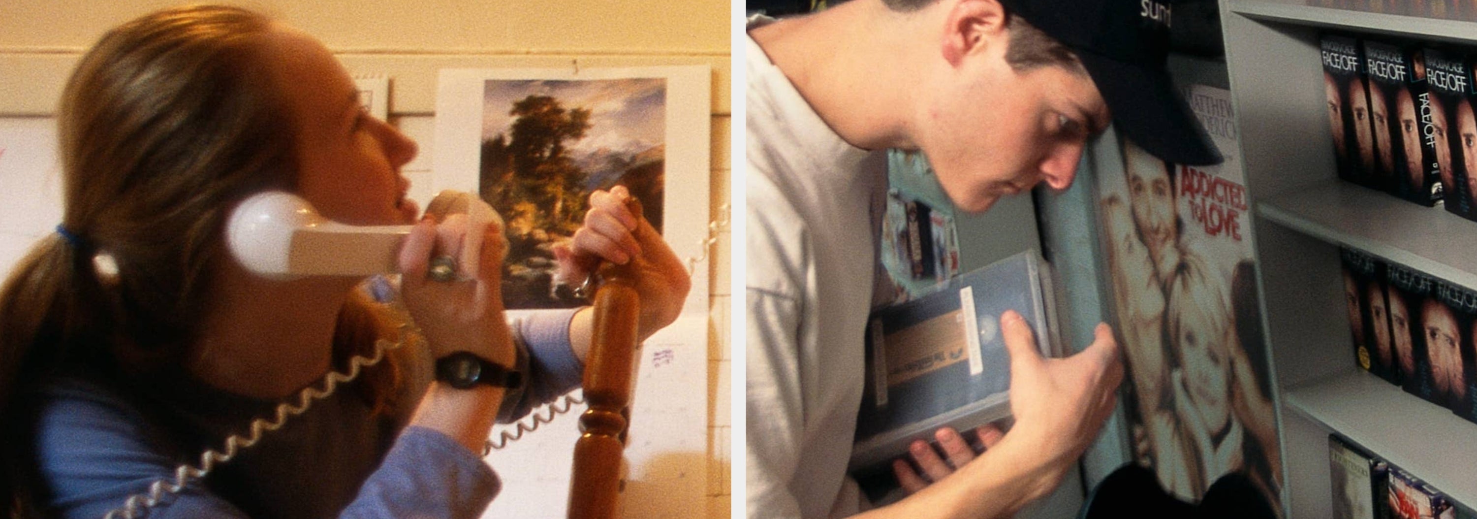 Two scenes: a person on a phone, and another browsing VHS tapes in a store