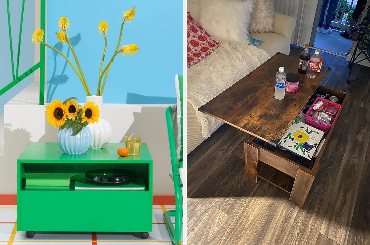 Left: Green outdoor table with sunflowers and drinks. Right: Wood table with open storage, bottles, and a floral cushion