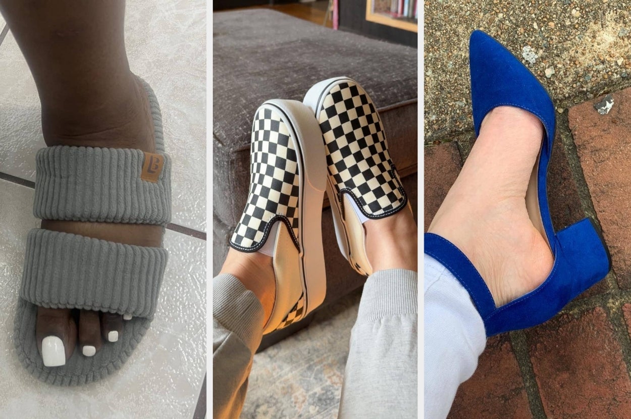 Three footwear styles: gray ribbed slippers, black-and-white checkered slip-ons, and blue block heel pumps, each worn by different people