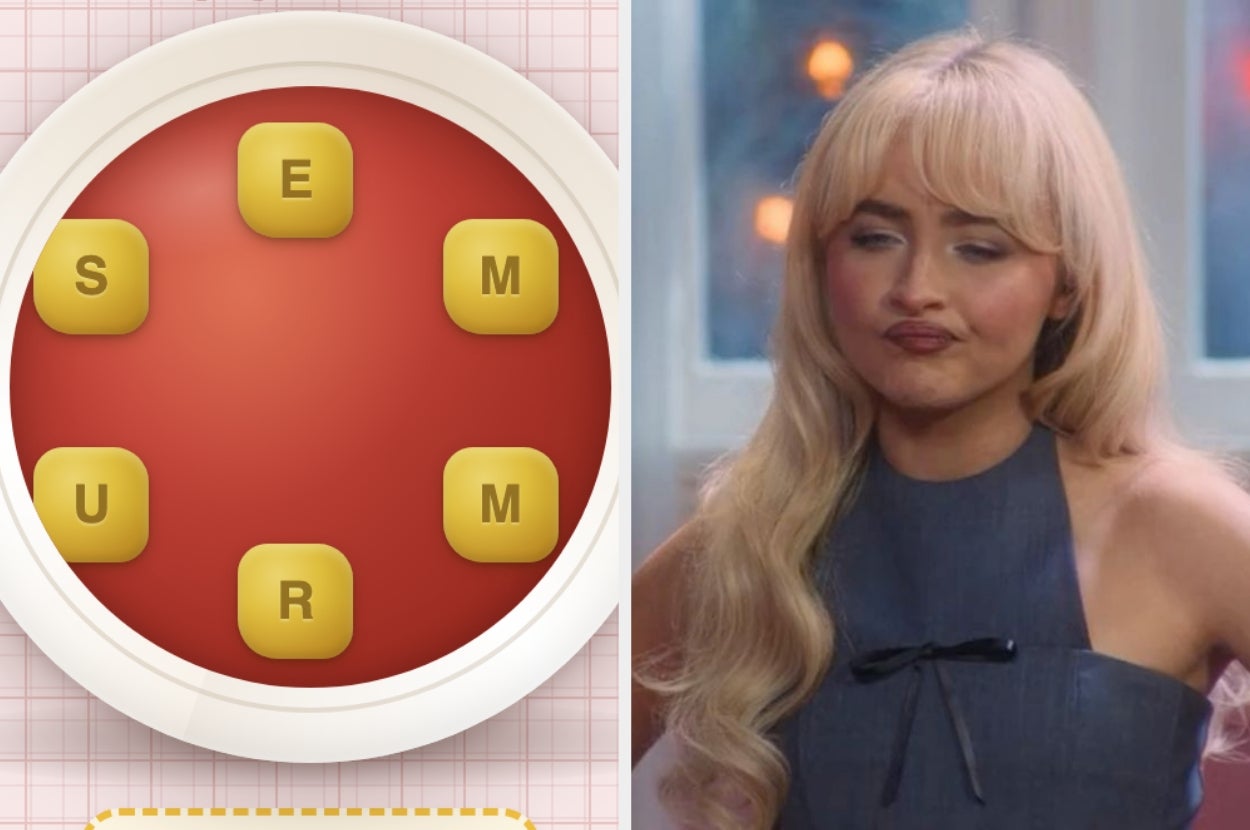 Word puzzle game with letters S, E, M, U, R, and image of a woman with long hair in a stylish dress making a playful expression