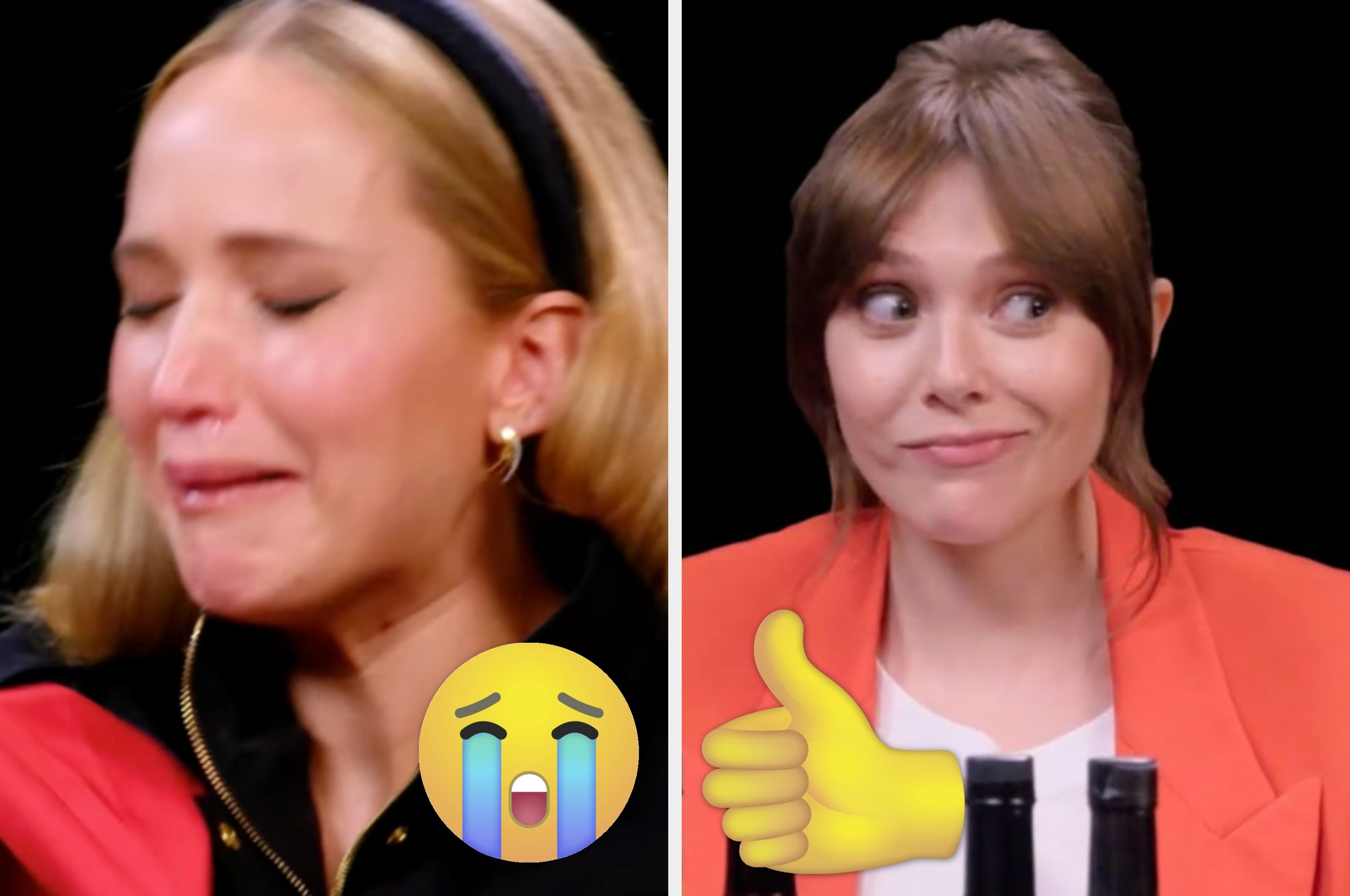 Two women sit side by side. One appears emotional, and the other gives a thumbs-up gesture
