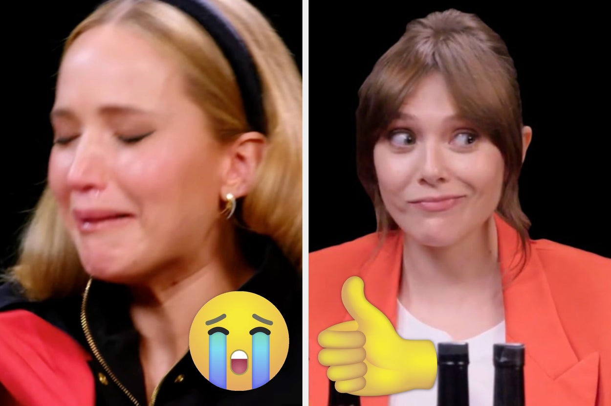 Two women sit side by side. One appears emotional, and the other gives a thumbs-up gesture